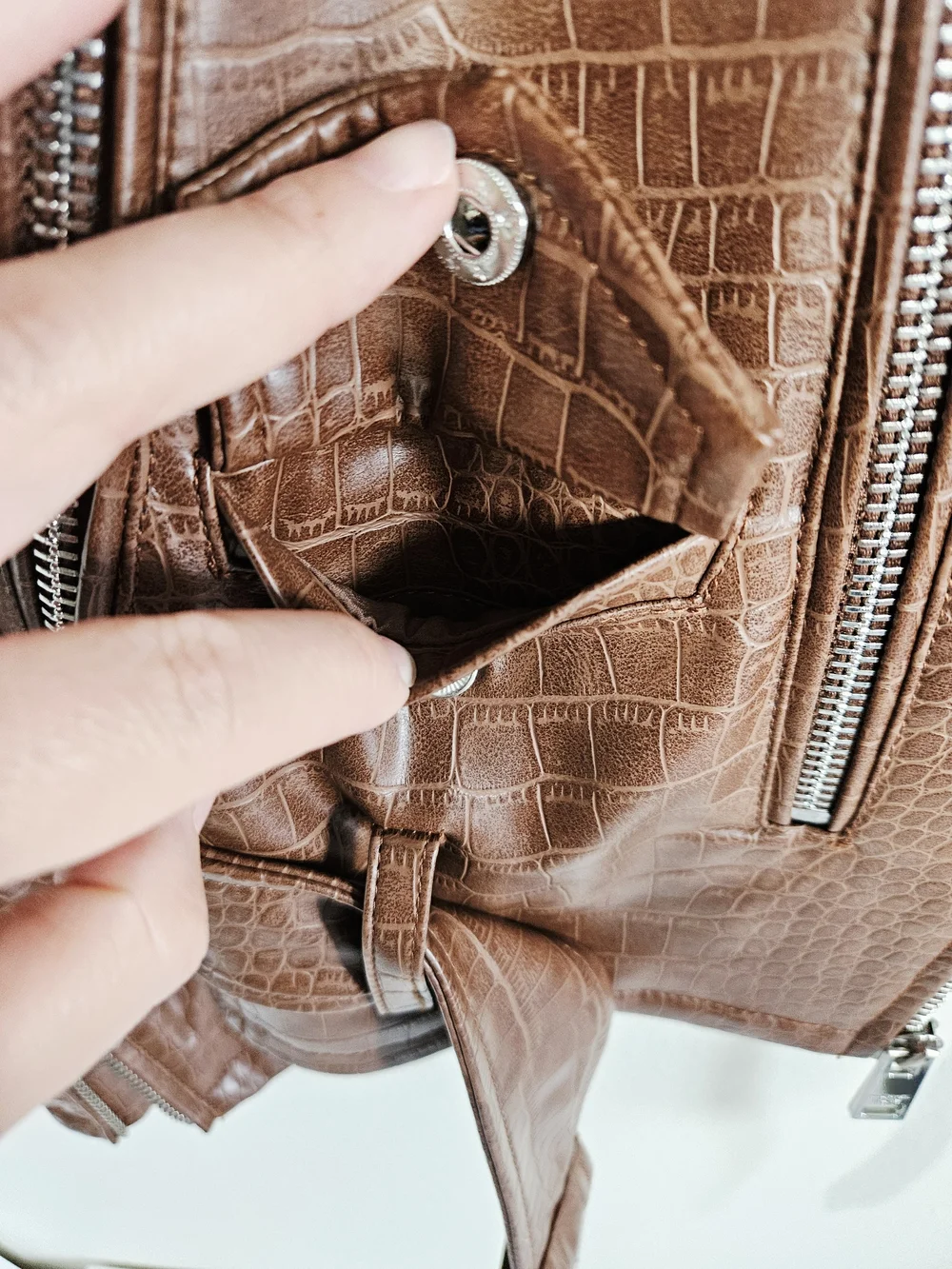 Michael Kors Women's Brown Faux Croc Moto Jacket with Belt